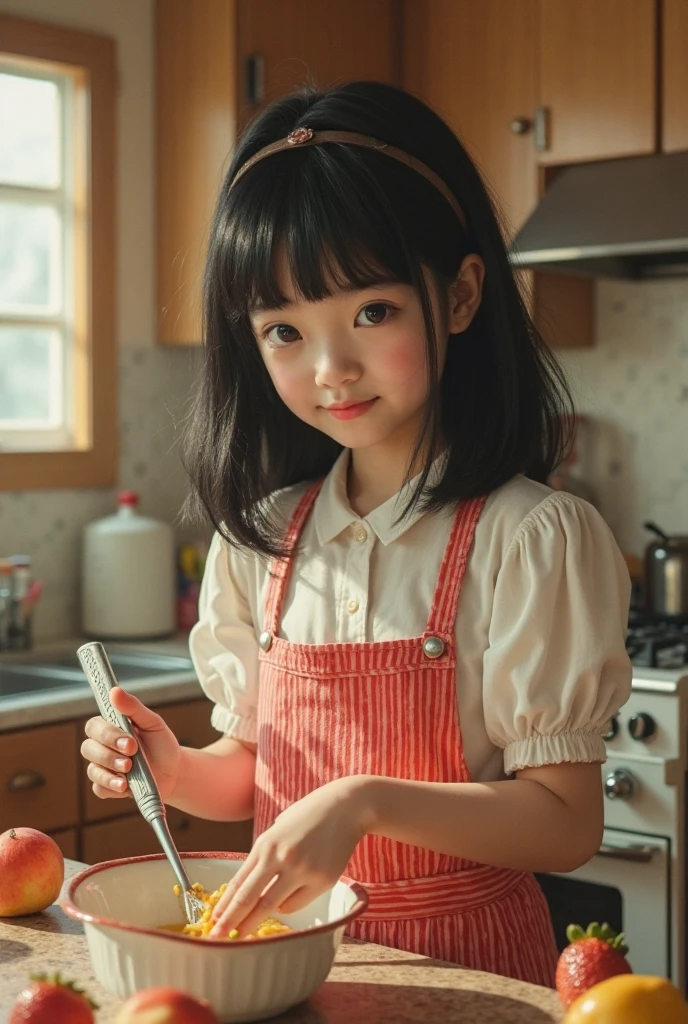 Ultra High Resolution, (Realistic: 1.4), RAW Photo, Best Quality, (Photorealistic), Focus, Soft Light, ((15 years old)), ((Japanese)), (Front, Young Face))), (Depth of Field), (One Piece), Masterpiece, (Photoreal), Woman, Bangs, (( apron, burst out laughing, 1 Girl))