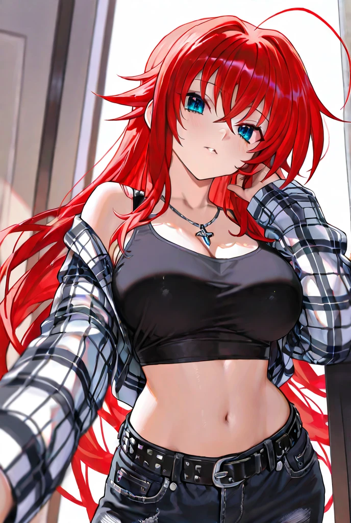 An anime girl with red hair and blue eyes wearing a skirt and an open shirt revealing a black and red lace bra