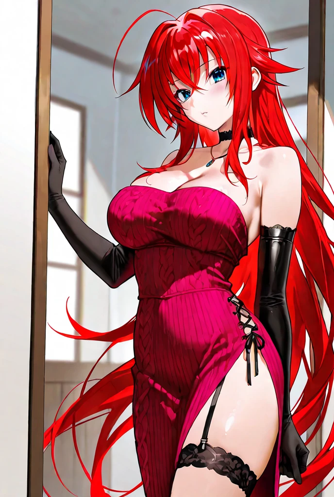 Long Red Hair、devilの羽、devil、Slanted Eyes、Big Breasts、Hide the cleavage、red heels、Black Dress、Thin thighs、Sharpening Fangs、The lips are big