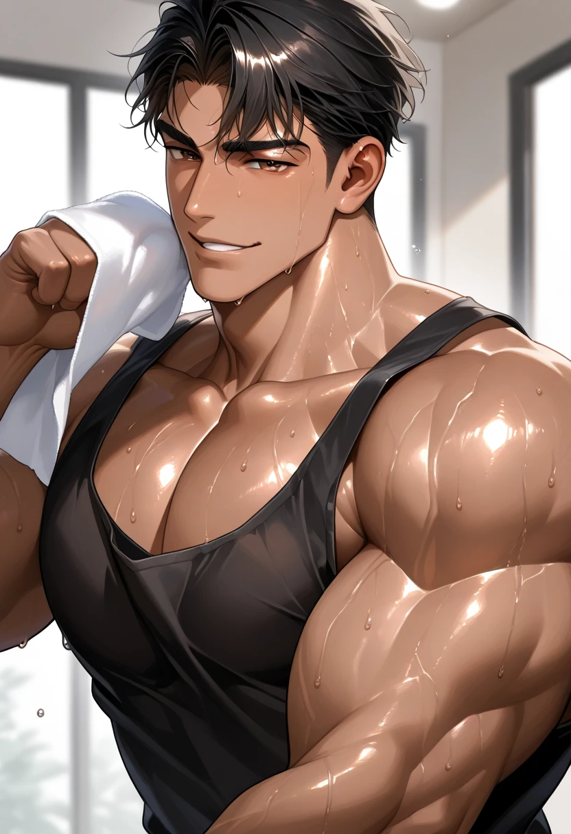 Angle from below, male, 30 years old, male1 person, Adult, A sadistic atmosphere, Black Hair, Sharp Eye, Lewd Eyes, Take off your shirt look, Face close-up, sweating, smile, Background: dark sex room, intimate lighting, imminent sex, muscular, athletic build, bara, lewd, horny look, sleeveless, one arm reaching to viewer, dark lighting, black thong, very sweaty, wet body, strong muscular back, strong muscular chest, contrasting light, dark room, tears, tear drops, condensation on skin, many droplets on skin, sweaty abs, sweaty chest, angle looking up at ceiling, square ceiling light, dark background, torn white undershirt, ripped white undershirt with skin showing, holes in undershirt, man looking straight below, evil look, sweat stains on white undershirt