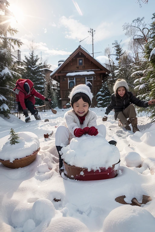 in 8K、top-quality、​masterpiece、Children playing in the snow