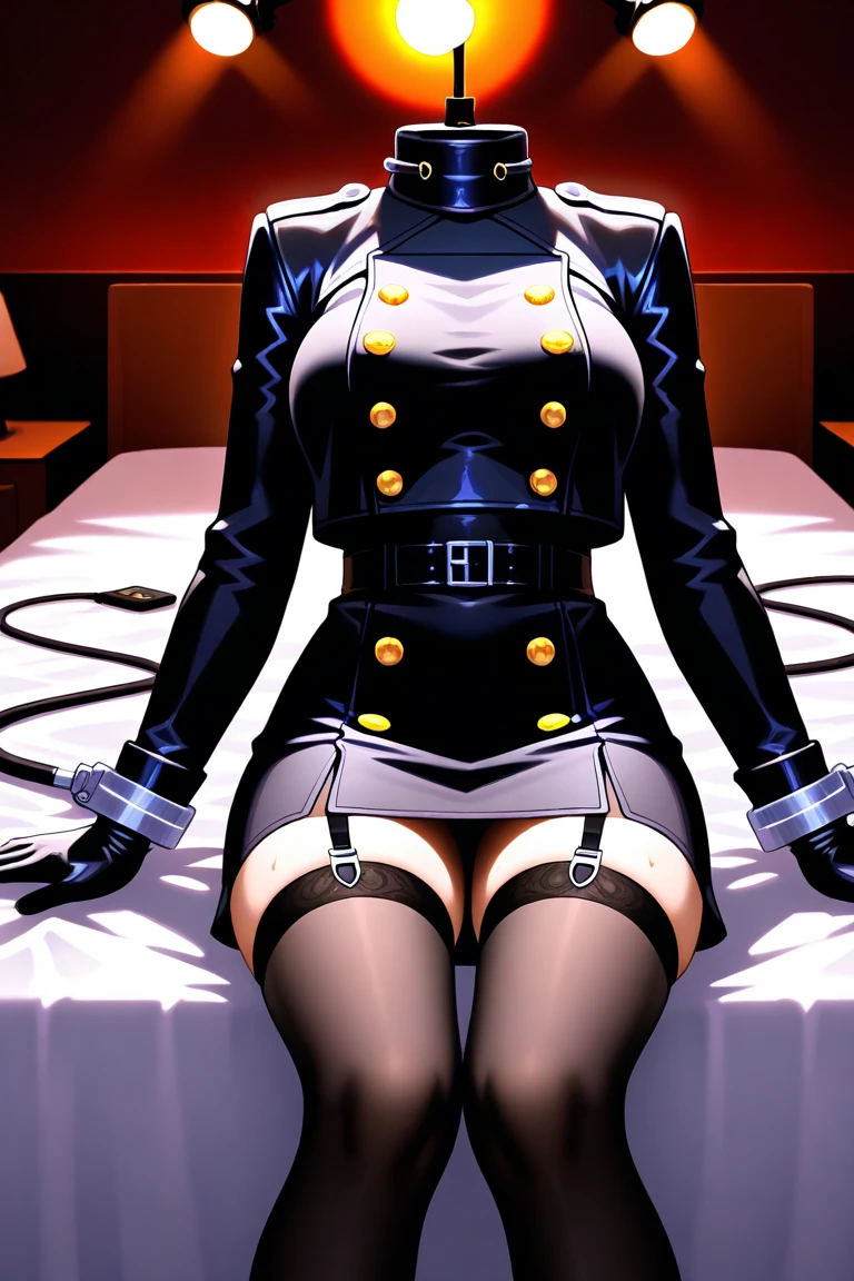 SFW, SLAVE FEMALE, Maid for sale. An African (very black skin) domestic worker for text "US dollar" full body, barefoot, standing straight symmetrical, huge boob(masterpiece, best quality:1.2), smirking smile, red blush, wet body, looking at viewer, hands on hips, twintails, twin drills, dress, blue pantyhose, striped pantyhose, Handcuffs on their hands, With a collar around the neck, slave catgirl ((black choker, chains, shackles on legs and armedroom background (bed, pillow, sheet)