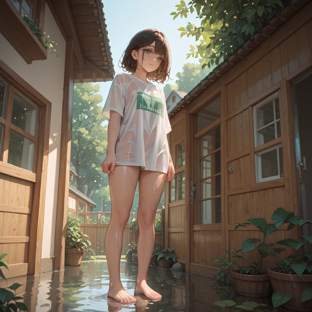 Exquisite slender thin gentle girl 16 years old (with a perfect, very beautiful gentle face of the southern type) with short burgundy hair with a ruby earring, naked with tender breasts with pink nipples in a light summer very short sundress standing barefoot in the rain in the garden near a brick house on a warm summer evening, big space eyes, imitation of film photography, Discreet shades, warm golden and olive sunset light, heavy rain