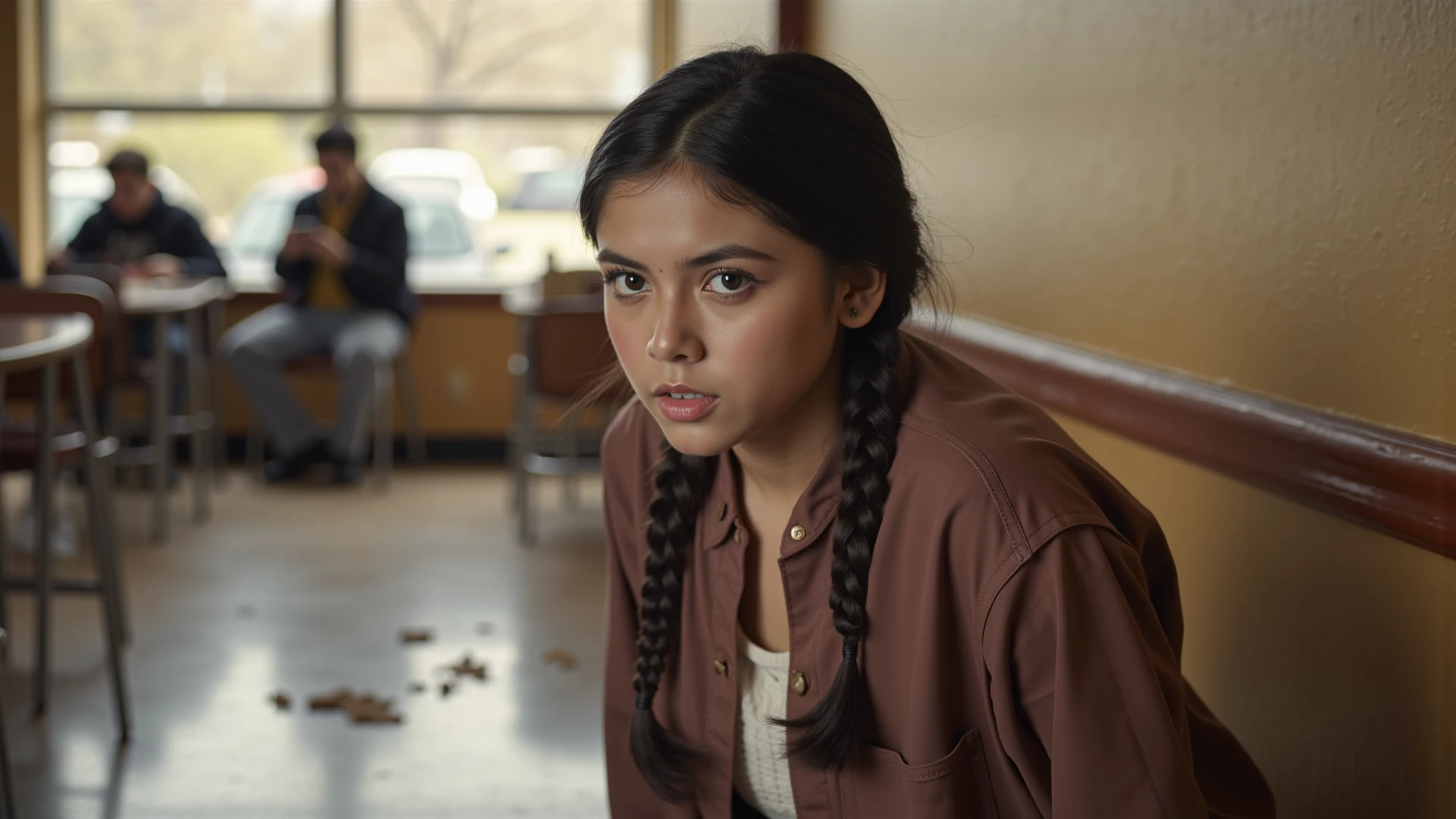 Capture a medium shot of a 26-year-old Hispanic-Filipina woman with tanned, brown skin and long, thick waist-length black hair. She stands in the doorway of a condo apartment in the Philippines, portraying an angry expression with furrowed brows and a pouting mouth. She wears a casual, small skirt. The scene is set against the backdrop of twilight colors in the sky, creating a dramatic, moody atmosphere. A carry-on luggage is visible in the background, emphasizing her possible travel intentions or arrival. The image should have a bokeh effect with a 2.8 aperture depth of field to highlight her vivid facial expressions and intricate hair details.