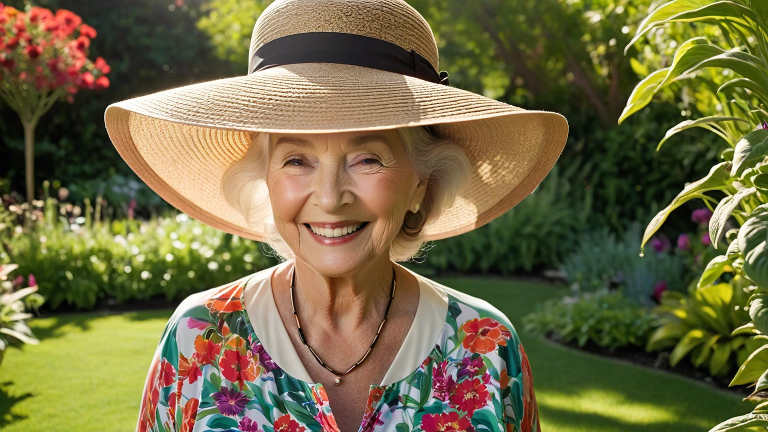 Masterpiece, a beautiful elderly woman, smiling, looking at the camera, standing in front of roses, wearing a hippie dress and a summer hat, casual pose, add an expression on her face to match the theme