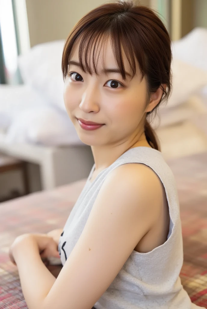 The image is a photograph featuring a young woman named konoka sitting on a white chair. She is wearing a grey tank top and a blue and white checkered skirt. Snow-white skin. Her has shoulder-length, straight, brown hair that frames her face and she is looking directly at the camera with a slight smile on her face. The background is blurred, but it appears to be a kitchen or bathroom with a sink and a window. The overall color of the image is bright and soft. 