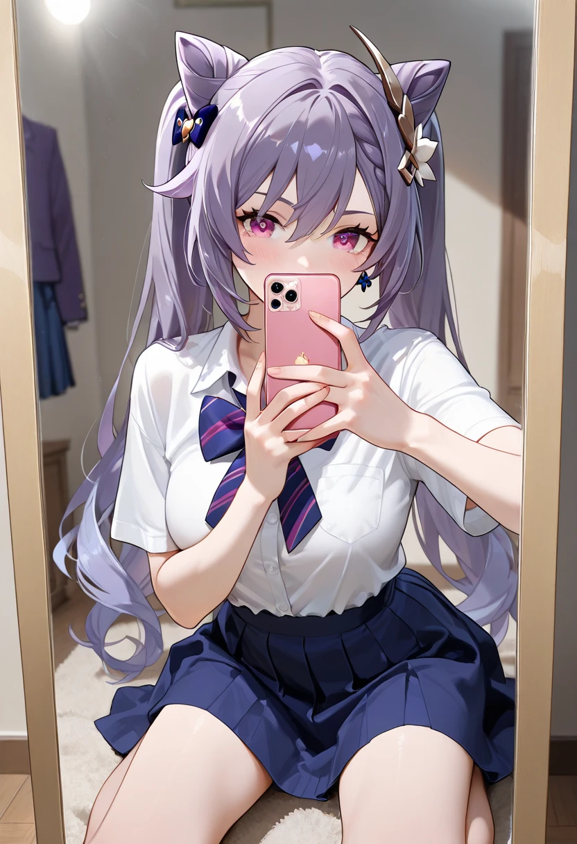 masterpiece, best quality, 3D, 1girl, no shoes, unicorn (azur lane), pantyhose, solo, long hair, feet, purple eyes, phone, hair ornament, purple hair, skirt, cellphone, x hair ornament, soles, twintails, white pantyhose, blush, scrunchie, school uniform, low twintails, ahoge, sitting, looking at viewer, holding, hair scrunchie, very long hair, smartphone, toes, book, sailor collar, black skirt, serafuku, holding phone, long sleeves, bangs, legs, pleated skirt, open mouth, panties, underwear, black sailor collar