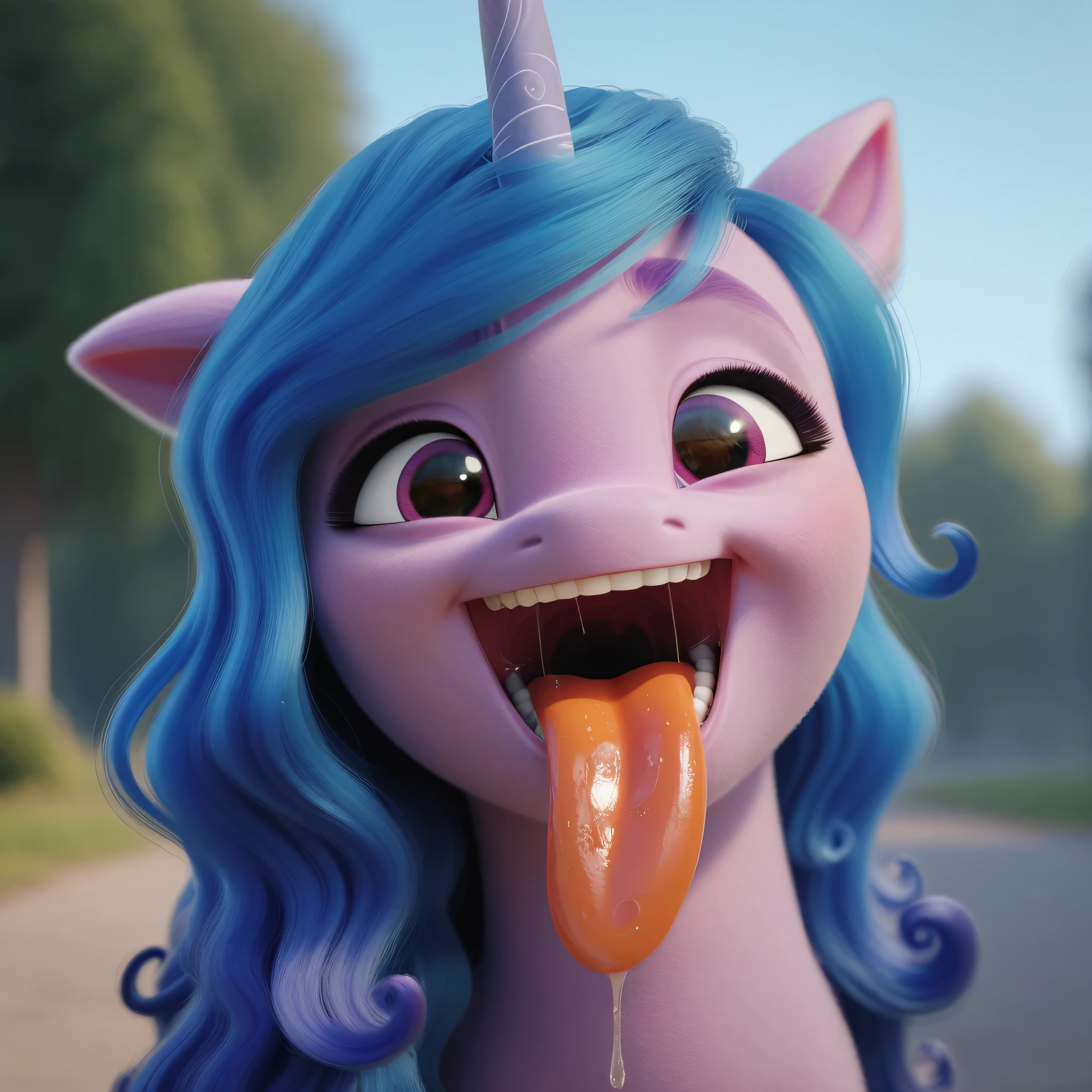 score_9, score_8_up, score_7_up, score_6_up, score_5_up, score_4_up, (((3d, my little pony a new generation style))). solo female, Izzy Moonbow, unicorn, lavender body, purple eyes, mane and tail that go from blue to dark purple, with wavy locks, feral pony, outdoors, blurry background, face focus, tongue out, thick eyebrows, wide open mouth, panting, front view, straight teeth, hyper tongue, saliva, drool, tongue fetish, hyper detailed tongue, licking fetish, g5