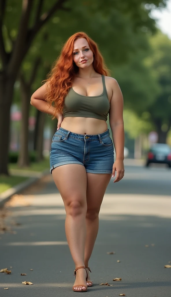 sexy obese 13 year old girl with makeup girl sticking out her buttocks in tight jeans, high heels and no shirt