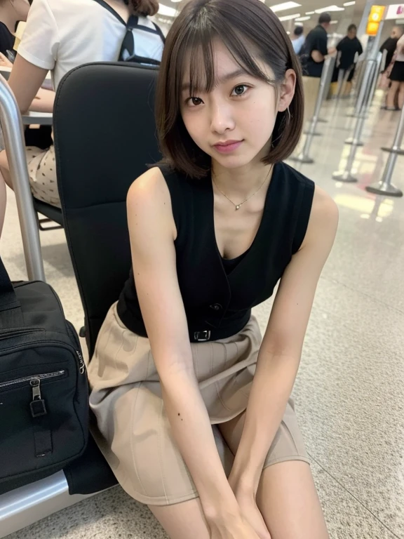 ((Best of the highest quality, 8k, Masterpiece: 1.3, raw photo)), Sharp focus: 1.2, (1 AESPA girl: 1.1), (Solo: 1.18), (realistic, photo-realistic:1.37), face focus, cute face, finely eyes, (Small breasts, flat chest, Thigh: 1.3), (nude, school skirt, bra top, from below: 1.2), short messy hair, updo, sitting, terminal, airport