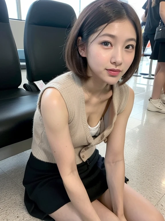 Highest quality、8k、masterpiece、Ultra-high resolution、Clear photos、Professional Lighting、Natural light、Realistic,、Highly detailed skin、Perfect Anatomy、One Woman、Shooting from a low angle、30 years old、Baby Face:1.6、Large Breasts:1.2、(Large areola)、Large erect nipples:1.2、Glamour、Black Hair、Beautiful Hair、Thin legs、smile、(light blue sleeveless knit:1.1)、turtleneck、Cleavage:1.2、(Perfect Pantyhose:1.2)、(((Black Pantyhose)))、((Tight Skirt:1.2))、in the train、Sit with your feet together、Exposed thighs、(((under skirt)))