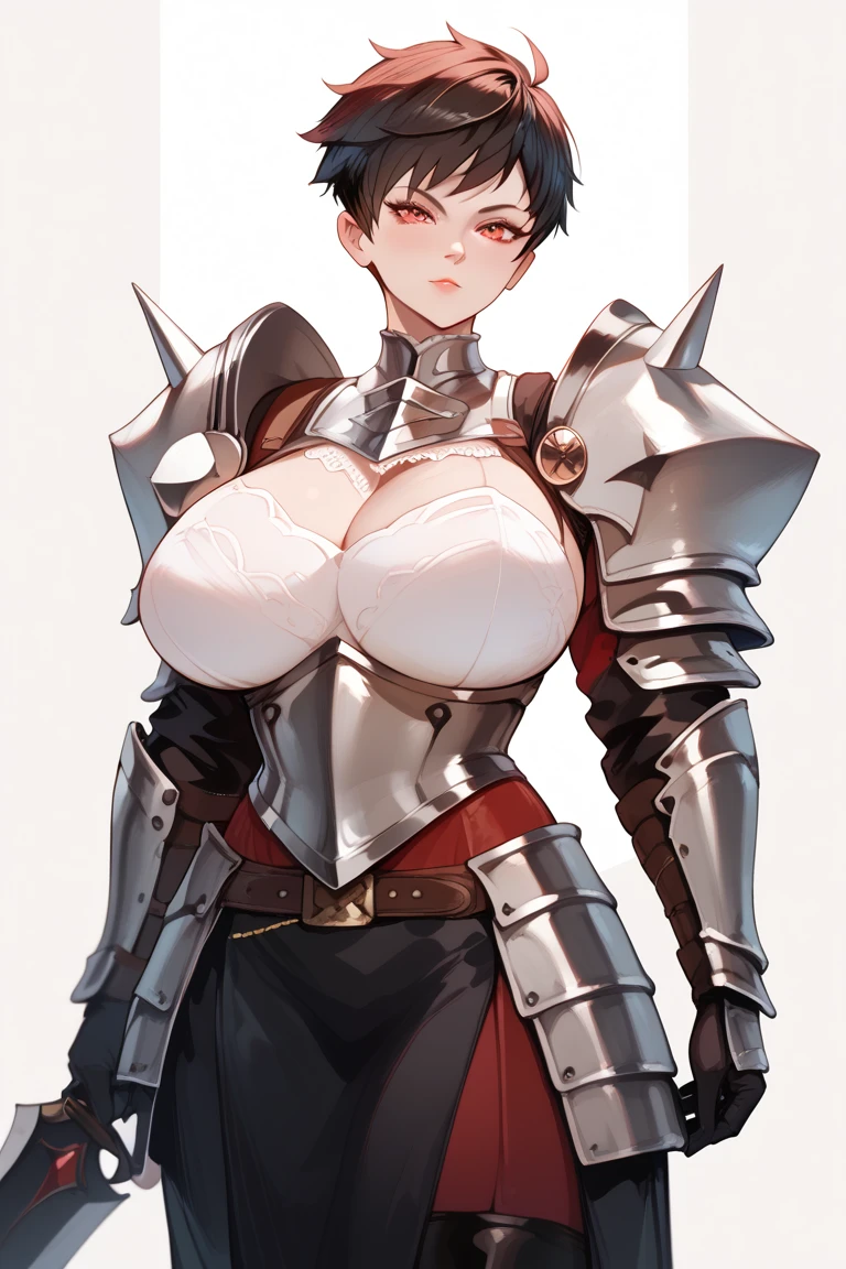 (top-quality, in 8K, 32K, masterpiece, A high resolution, Impressionism, Photorealsitic:1.2, anime style), ((detailed faces and eyes, red eyes, beautiful face, red short hair, red lips)), ((knight, black armoured , black armoured hips, black armoured thighs)) Cinematic, 4k,, ((big belly, massive breast,)), fantasy world