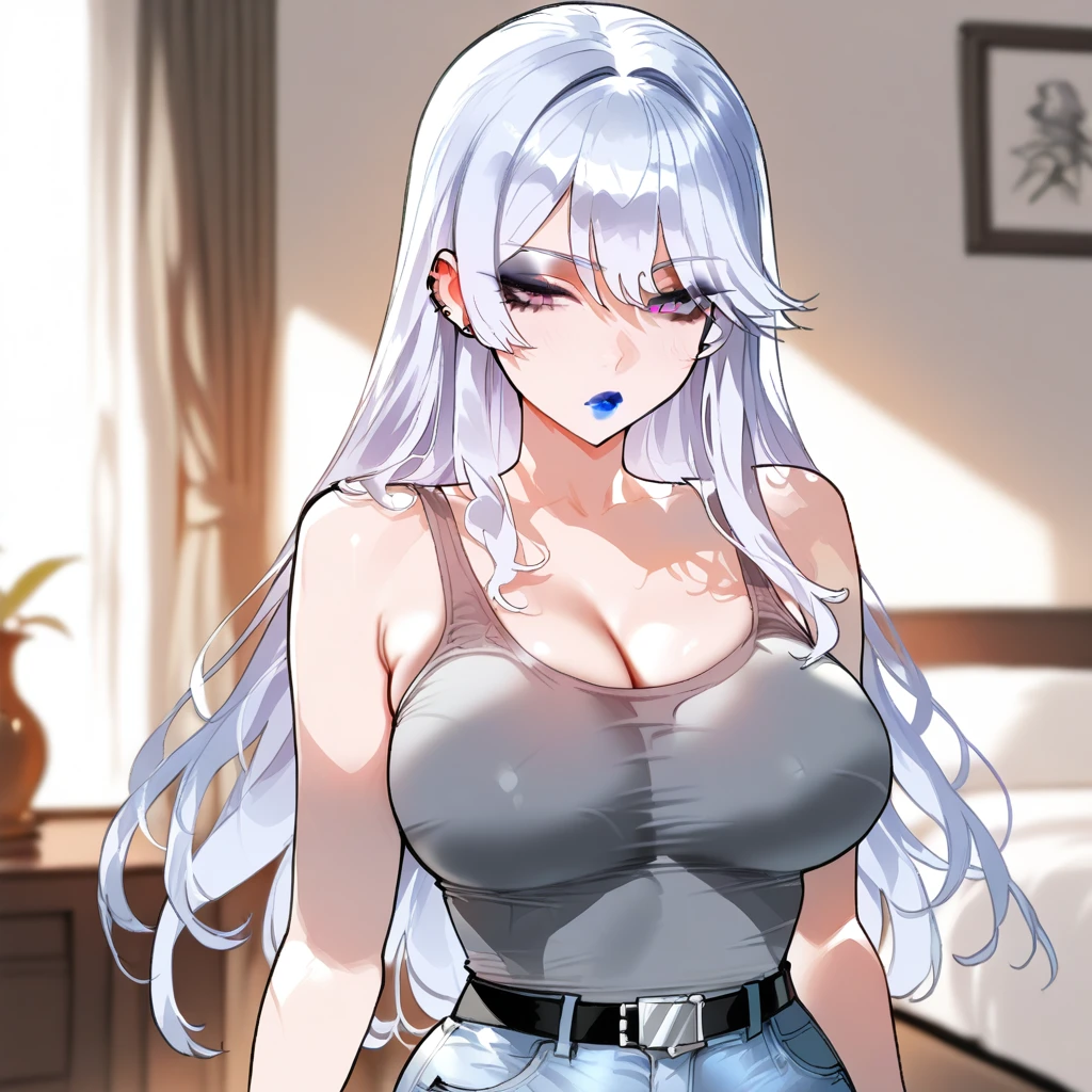 (((1个Giant Breast Girl)),Ray traching,(dim murky lights),[detailedbackground(Bedrooms)),((Silvery hair)),((A pink-haired)),(((((Fluffy silver hair,plump and slender girl))Wears a high ponytail)))Avoid golden eyes in the ominous bedroom((((Girl wears white shirt,Black wrinkled skirt,Wear yours with black sheer pantyhose),It shows a delicate and slender figure and beautiful curves,Correct limbs,sit on a bed,Pregnant belly,Pregnant belly,Pregnant women with