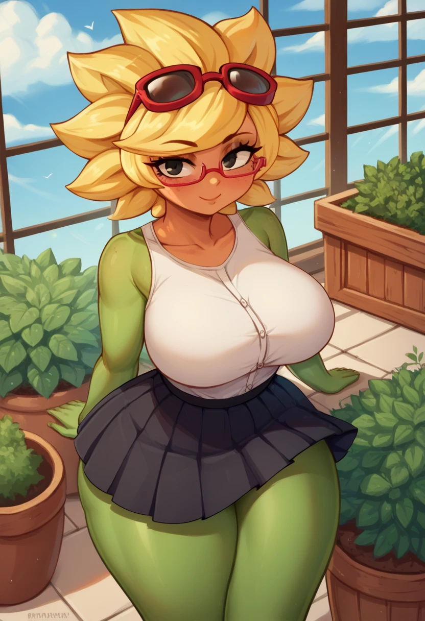 (best quality, masterpiece, best_quality, ultra-detailed, best anatomy, immaculate:1.3), (milf:1.28), (1girl), alluring face, smiling, winking, navel, thick thighs, wide hips, short hair, curvy, huge ass, baby doll dress, (huge neckline), sky blue dress, (touching her hip with her left hand:1.2), NSFW