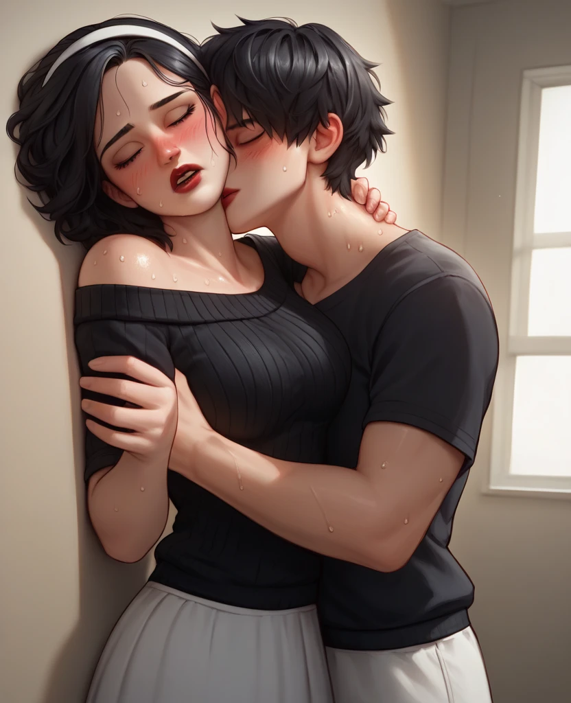 Amazing portrait of a cute goth woman with her short black hair in a bob hairstyle with heavy eyeliner around her eyes wearing an off shoulder t shirt that is orange and black with black bra straps kissing and making out passionately with a shirtless boy on the bed in an intimate setting