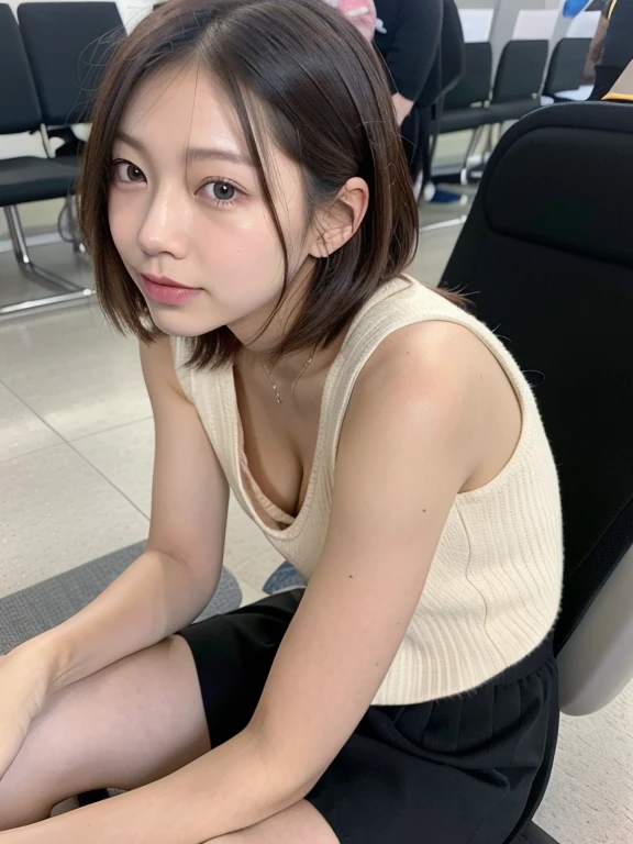 ((Best of the highest quality, 8k, Masterpiece: 1.3, raw photo)), Sharp focus: 1.2, (1 AESPA girl: 1.1), (Solo: 1.18), (realistic, photo-realistic:1.37), face focus, cute face, finely eyes, (Small breasts, flat chest, Thigh: 1.3), (nude, school skirt, bra top, from below: 1.2), short messy hair, updo, (sitting spread legs: 1.2), terminal, airport, flower