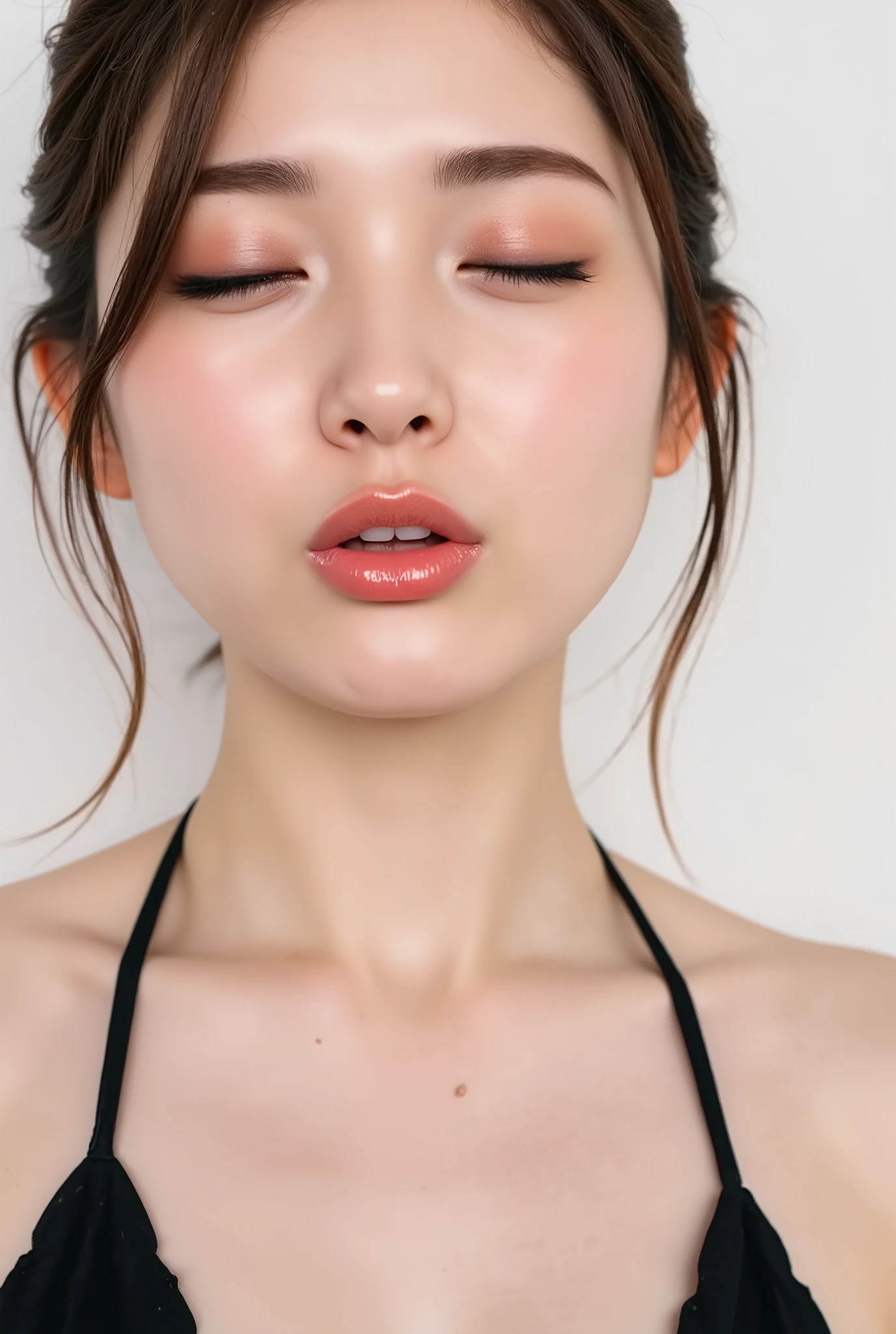 ultra-detailed close-up of a beautiful modern girl, collarbone-up composition, white studio background, soft natural lighting, soft focus on background, 
camera angle slightly elevated (about 60 degrees), subject's chin gently raised, head and face facing forward, body posture suggesting slight tiptoeing, 
eyes gently closed, dreamy and euphoric expression, cheeks and ears flushed with bashful blush, lips tightly puckered and strongly protruding, 
mouth forming a rounded "O" shape like whistling or blowing a kiss, kissy lips, extremely glossy and moist lips with shimmering highlights, 
natural-looking shiny lip gloss as the only makeup, skin is matte with visible peach fuzz and realistic pores, 
subtle facial contour blur to guide viewer’s gaze toward lips, cute and soft dere-dere mood, 
deeply affectionate smile while puckering, hands behind the back and not visible, black camisole straps slightly visible, 
overall overflowing with affection, adorably seductive and shy charm, longing and dazed joy, subtly coquettish expression, 
no vintage look, fully modern skin tone, hair texture and color corrected to current aesthetic standards
