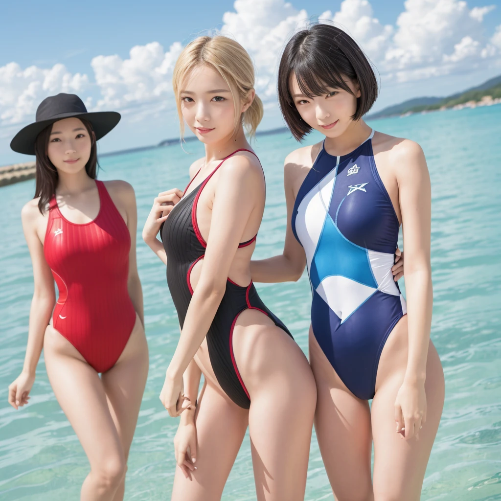 (Original Photography:1.3), dramatic,best quality, Very detailed, high resolution, best quality, Original Photography, Super Detail, (Delicate face), (Delicate eyes) ,blonde,Stylish hairstyle,(Beautiful swimsuit、Very detailed的泳衣:1.1),rebellious, (((3 Women站在一起、swimmer:1.3))),Korean female star,swimmer,close up, 3 Women. Cleavage,(((Complex swimsuit、stripe、badge、Bow))),Slender long legs,High heel,Standing