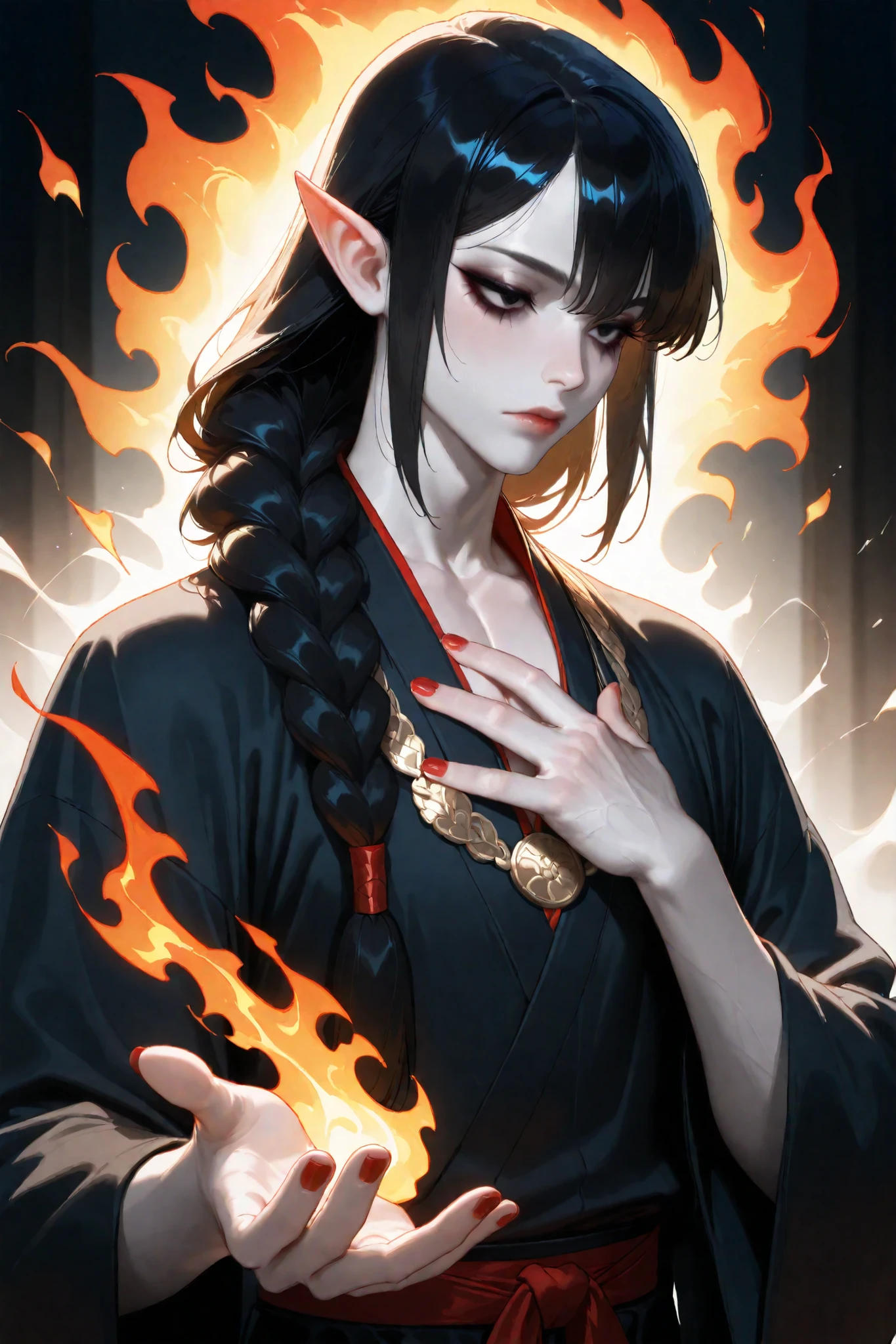  (tangobat:0.7),(Sakimichan:0.7),(High quality CT,4K,High resolution,main part:2.3),Very detailed,realistic:1.37,Best quality,masterpiece, high resolution,on_body, Tyndall effect,photorealistic, edge lighting, Two-color backlight,(high definition of skin:2.3), (8K UHD, DSLR quality, soft lighting, high quality, surround lighting, sincere, de 8K , 4k, 8K.) (male character/male bodybuilding) Background: an oriental Chinese temple in a black coniferous forest is on fire.  (MALE CHARACTER) Chinese wizard. The young tall mighty man broad-shouldered with masculine features.  he has  pointed ears.  asian man with pale skin,he's tall and emotionless. he has black eyes with red whites. he has black leaking mascara under his eyes, and blackened lips. he has jet-black hair with gray highlighted strands,his bangs are fluffy, his hairstyle is braided in a single long braid (ONE SINGLE BRAID). (NO HAIR ACCESSORIES) He has red nails and rings on his fingers. He is dressed in a men's black Hanfu robe decorated with embroidery of red spider lily. He is hugs human skeleton of a who has yellow paper amulet seal on its head.