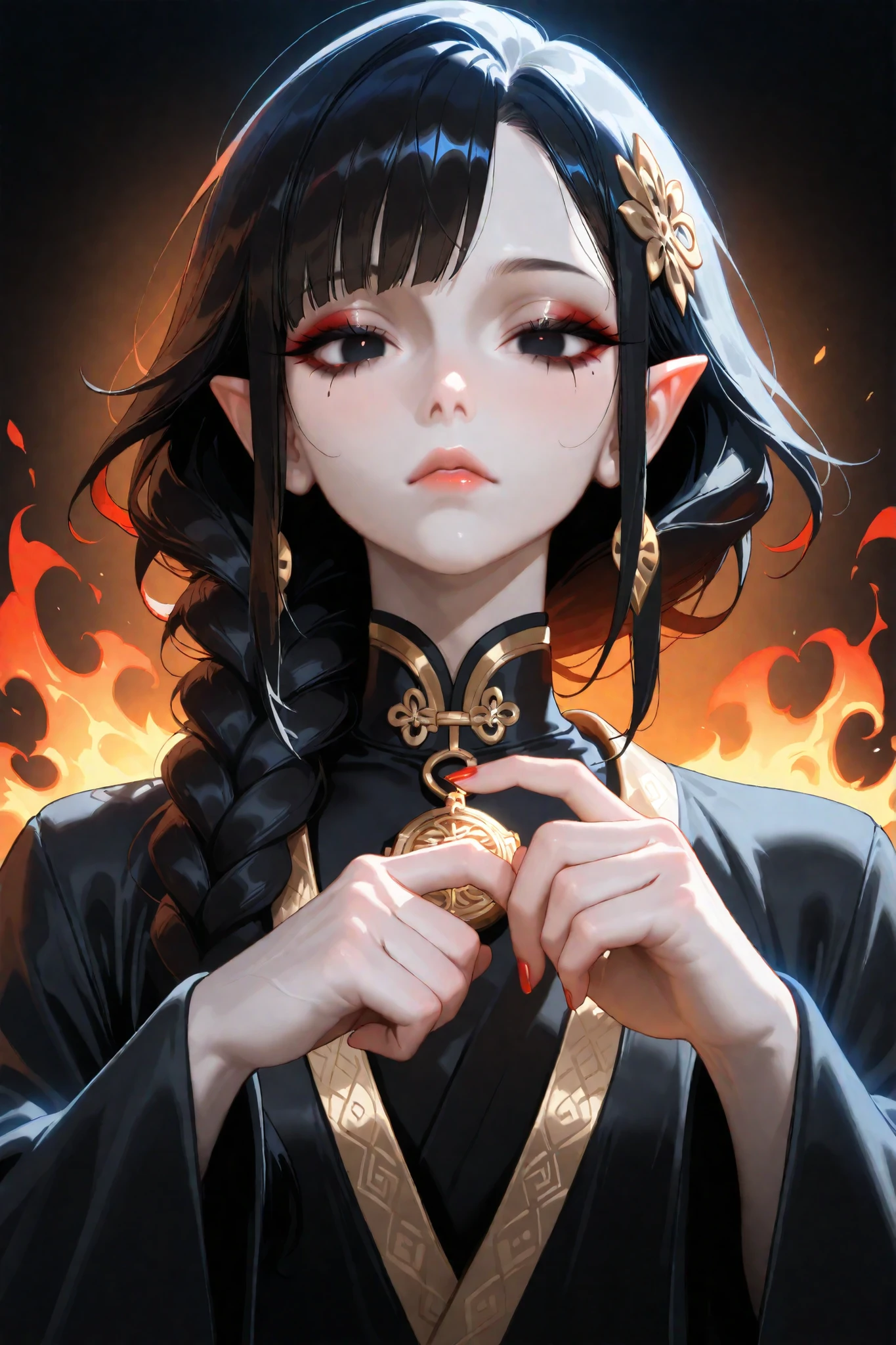 (tangobat:0.7),(Sakimichan:0.7),(High quality CT,4K,High resolution,main part:2.3),Very detailed,realistic:1.37,Best quality,masterpiece, high resolution,on_body, Tyndall effect,photorealistic, edge lighting, Two-color backlight,(high definition of skin:2.3), (8K UHD, DSLR quality, soft lighting, high quality, surround lighting, sincere, de 8K , 4k, 8K.) (male character/male bodybuilding) Background: an oriental Chinese temple in a black coniferous forest is on fire. (MALE CHARACTER) Chinese wizard. The young tall mighty man broad-shouldered with masculine features. he has pointed ears. asian man with pale skin,he's tall and emotionless. he has black eyes with red whites. he has black leaking mascara under his eyes, and blackened lips. he has jet-black hair with gray highlighted strands,his bangs are fluffy, his hairstyle is braided in a single long braid (ONE SINGLE BRAID). (NO HAIR ACCESSORIES) He has red nails and rings on his fingers. He is dressed in a men's black Hanfu robe decorated with embroidery of red spider lily. He is hugs human skeleton of a who has yellow paper amulet seal on its head.