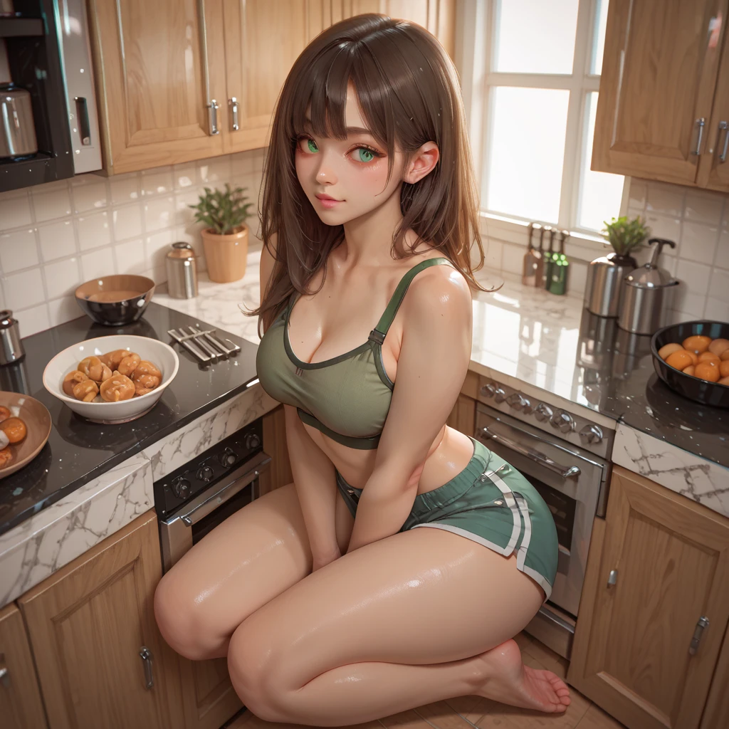 a beautiful brunette woman with green braids wearing purple shorts cutting food in a kitchen, 1 girl, pink hair, full body, food, underwear, navel, breasts, solo, bra, white bra, a beautiful brunette woman with green braids in purple shorts cutting food in a kitchen
