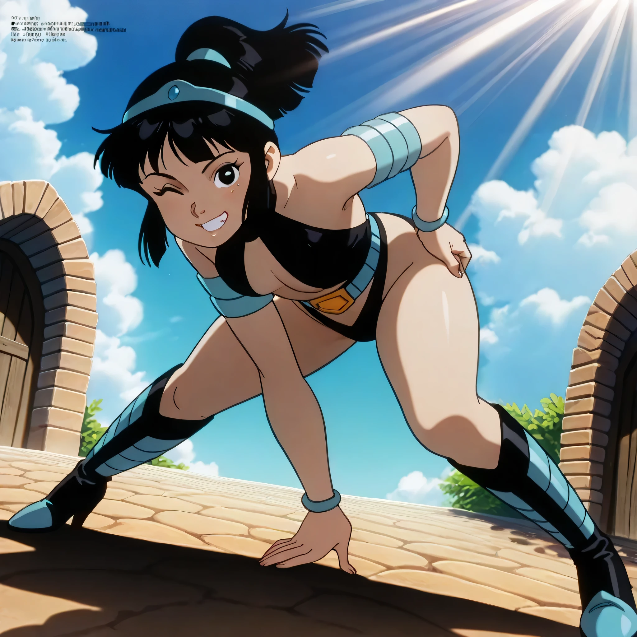 high-level image quality, hightquality, Anime girl with long hair in pink top and blue pants, juri misaki, rei hino as a princess, knights of zodiac girl, an retro anime image, 80s anime ova style, sel anime, Nico Robin, maya fey from ace attorney, Gainax anime style, bubblegum body, Asuka as a surfer model, juri han from street fighter, ratex, Oily skin, huge tit, valley