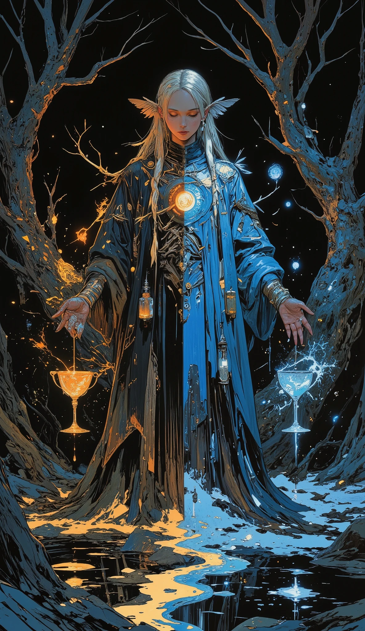 A young woman stands at the edge of a black river that splits into two—one stream glowing gold, the other shimmering like blue ice. She wears a long robe of twilight hues, stitched with thread that fades from white to midnight. Her hair is long, braided with feathers and tiny crystal vials. In her hands, she holds two ornate chalices, slowly pouring liquid between them—one vessel gleaming with fire, the other misting with frost. The stream of energy forms an arc that never spills. Behind her, two withered trees lean inward, their roots glowing faintly, intertwined beneath her feet. Her expression is calm, her eyes closed—not asleep, but listening. A distant storm brews far away, but here all is still. She is the blending of what should never meet. No text. No symbols. Just her.