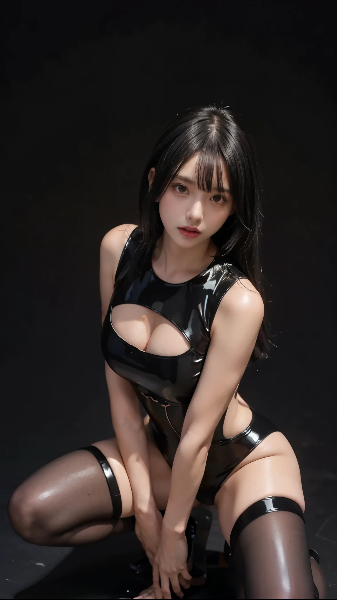 One girl, alone, Beautifully saturated photos by Emily Soto, (Cute Japan idol woman), clavicle, (mature:1.3), highest quality, humid, Fascinating,skinny, smile, no_panties, (Large Breasts:1.8), (masterpiece),(highest quality),(((breast:1.3))),(((Small nipples:1.3))),(((Pussy:1.3))), ((photoRealistic)), (Black Hair:1.2), (Waist-length hair:1.5), Small Ass, Gray background, lips, Realistic, A konigsreuter,(Feather Cat Ear Headband:1.2),(paw pose:1.6), (Chain Body Jewelry with Vinyl Catsuit:1.5),(from below:1.3)
