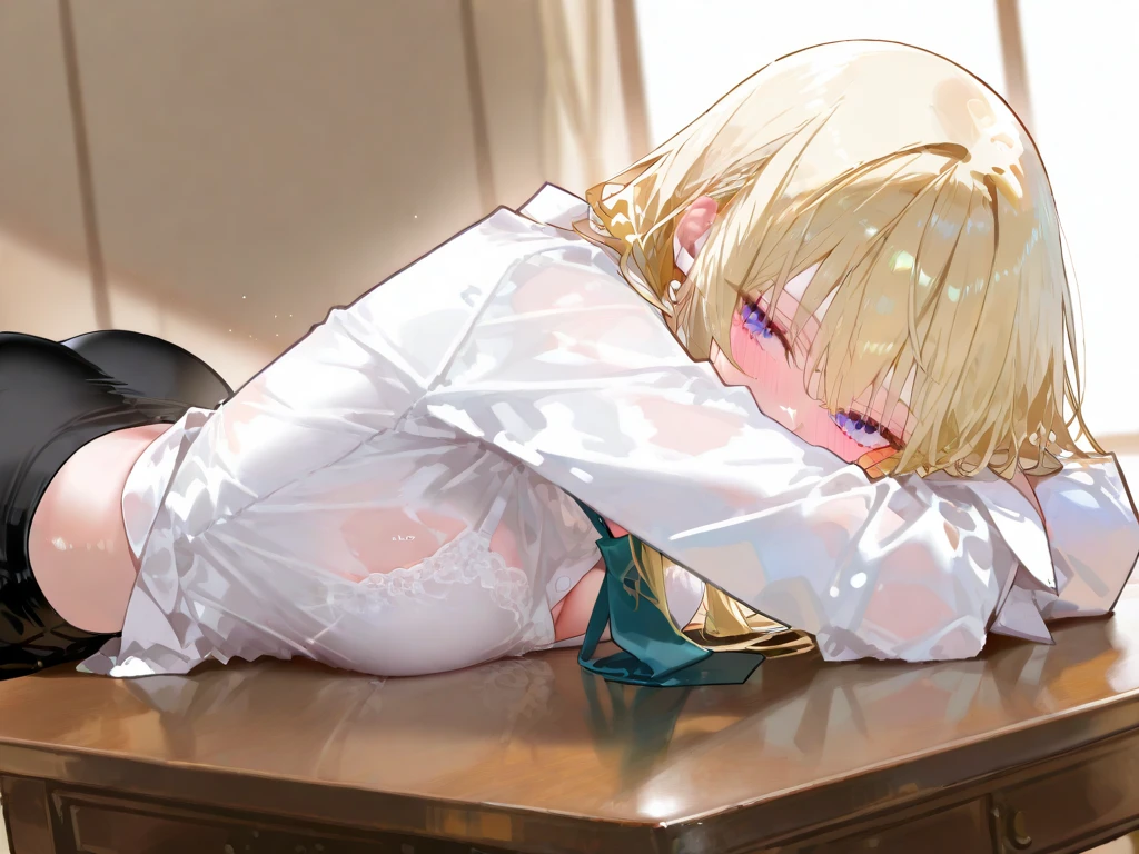 nsfw,(Petite),(A cute boy),blonde low twintails,lips,(Voyeur),Sweat,White Breath,Semen from the penis,View from the front,bed,Raise your legs in a V shape