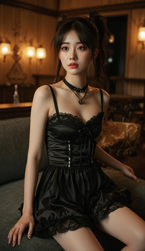 8K, masterpiece, RAW Photos, Highest quality, detailed:1.2),Realistic, Extremely detaileded Cg Unity 8K wallpapers, Depth of written boundary, Cinematic Light, Lens flare, Ray Tracing, (Very beautiful face, Beautiful Lips, Beautiful Eyes), intricate detailed face, ((ultra detaileded skin)) One girl, In the Dark, Deep Shadow, Cute Korean Girl, K-Pop Idols,(Very slim and slender muscular body:1.3), ((Displaying the viewer)),(Big smile), (Bodycon mini dress), (Injection Sleeve) , (City night, (Neon Signs), Dim lighting, rooftop, terrazzo, (night), Cute Korean Girl, Earrings, Bangles, necklace, pantyhose, Clear Eyes, walking , (Pale skin), Look forward, (Big eyes), ((Upper Body Shot)), Wear tight, Silk dress, Lace dress, (See-through dress), Very slim, Defamation, Updo, Silver open neckline dress, Skinny super mini skirt, Sitting, bed, front, Leg spread