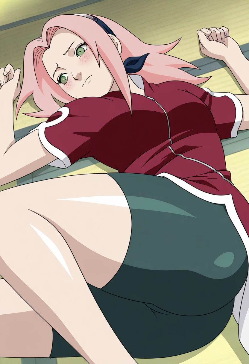 nsfw, Sakura haruno, ultra_detailed, best quality, 1girl, solo, pink hair, long hair, green eyes, shiny thighs ,"Red sleeveless Chinese qipao with white trim and symbol, green shorts, .", lying, on back,masterpiece,best quality,amazing quality, ,, closed eyes, embarrassed, soft tight rubber shorts, long tight shorts up to mid-thigh, meaty butt, detailed ass, spread legs, cowboy shot, dutch angle, wide hips