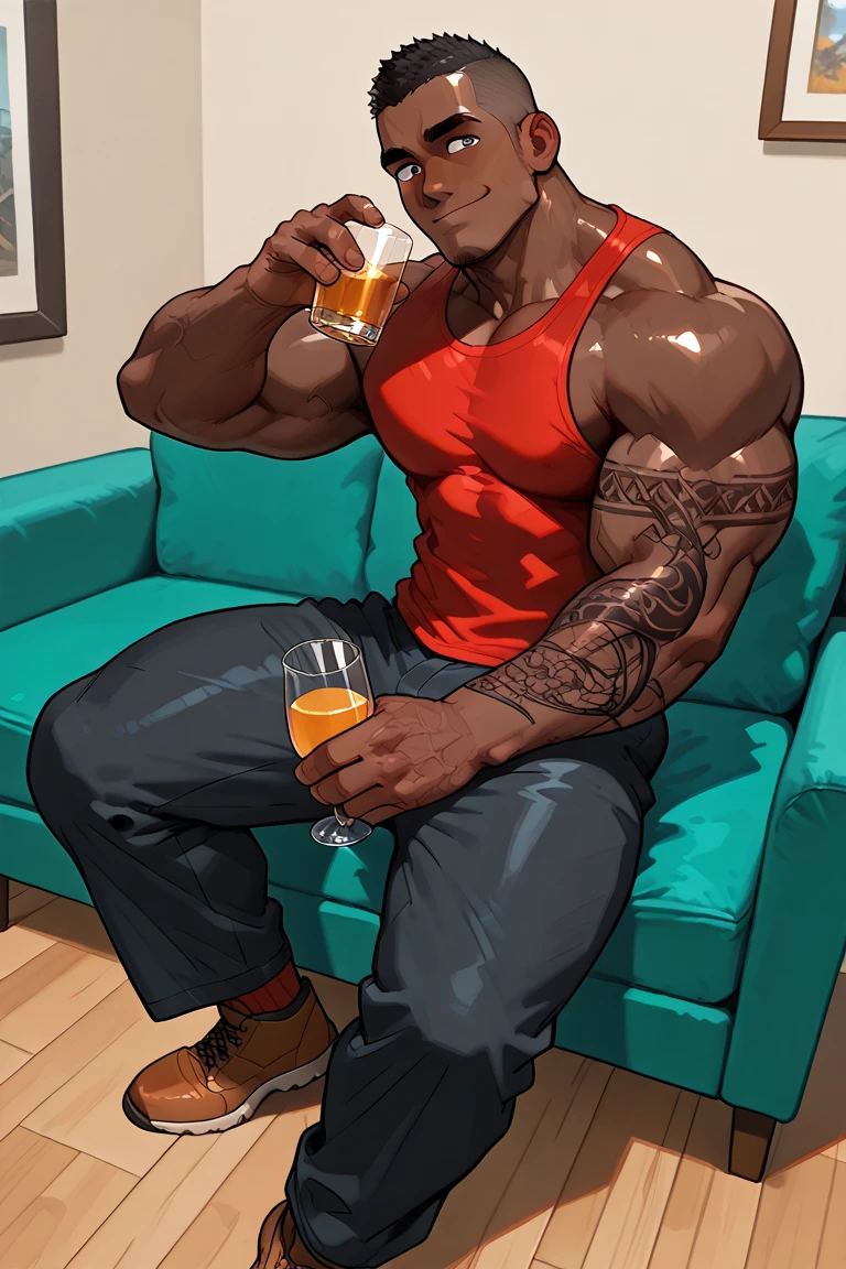 hot black male, dark skin, with a afro haircut, early 20s, sitting on bar stool in hawaii bar