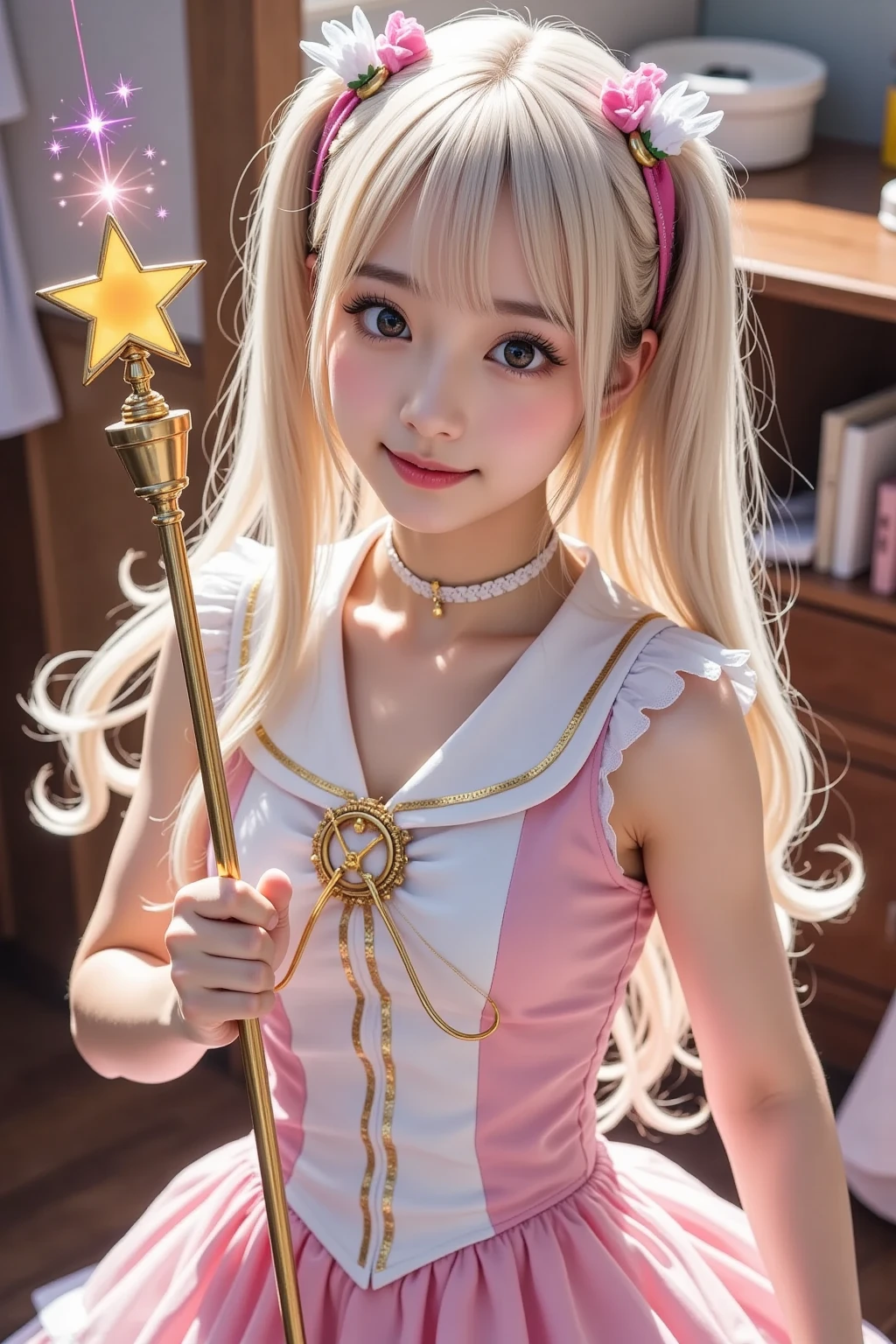 ,small breasts,smile with open mouth,blonde,magical girl costume,simple background ,hair ornaments,pink eyes,best image quality,highest quality