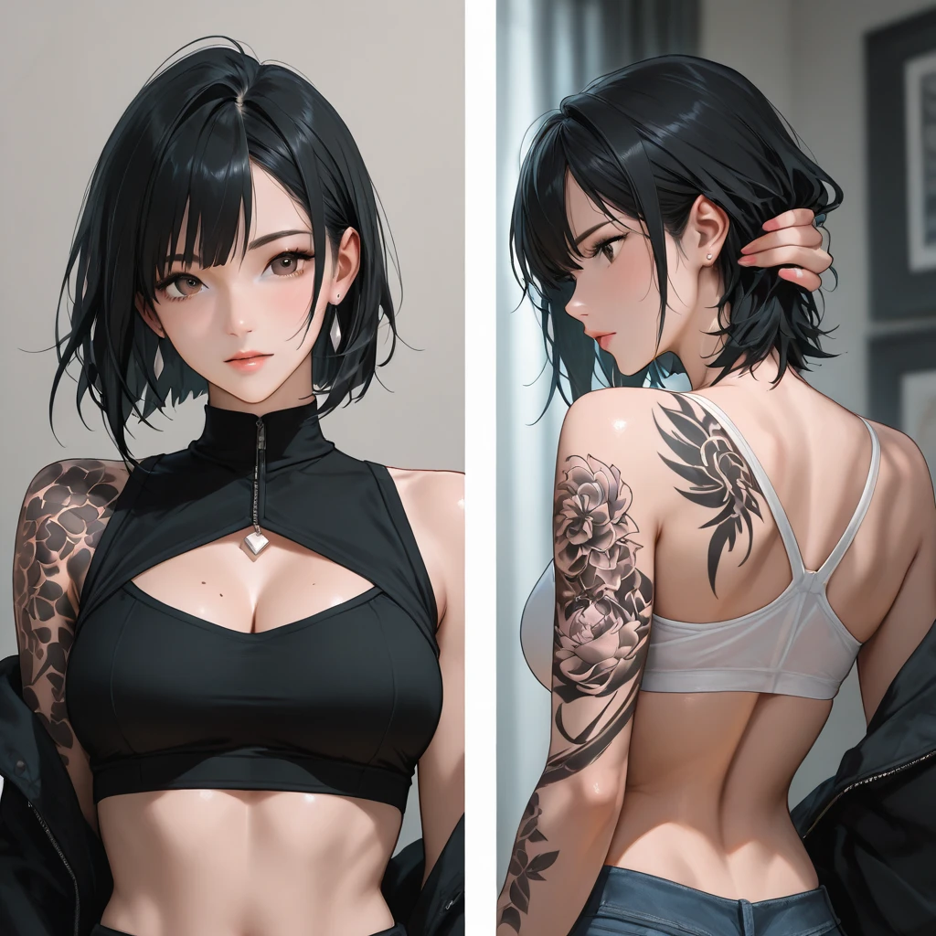 8K, raw, lovey-dovey, blush, milf ,mature, masterpiece, tattoos, goth
