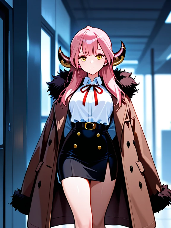 A woman, deminio, succubus, dressed in military uniform, in an empty and destroyed city, close-up, long pink hair