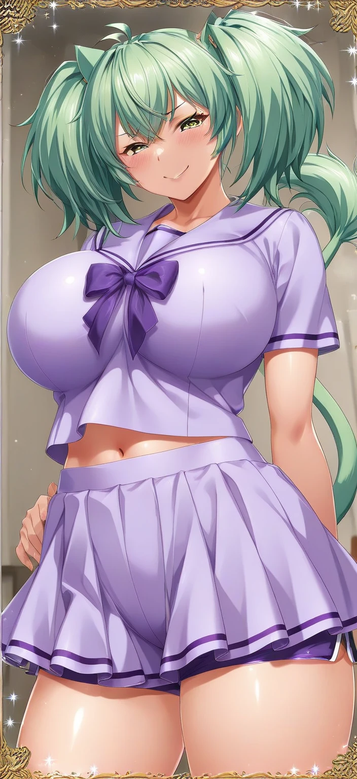 masterpiece, best_quality, 1girl, solo, puniru \(puniru wa kawaii slime\), puniru wa kawaii slime, gradient hair, bangs, green eyes,((double bun)), in a school,oppai,big boobs, skinny,