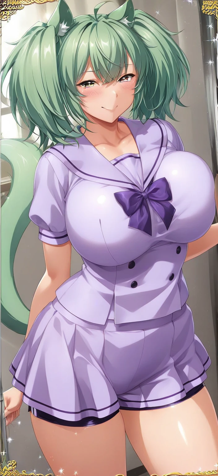 One Woman、Braided twin tails、Huge breasts、（Huge breasts：1.8)、Glasses、blue eyes、Green Hair、Staring at the audience、Sitting、Frills、Open lips、indoor、apron、裸apron、window、Sideboob、白いapron、Frillsのapron、Place your hand on your chest