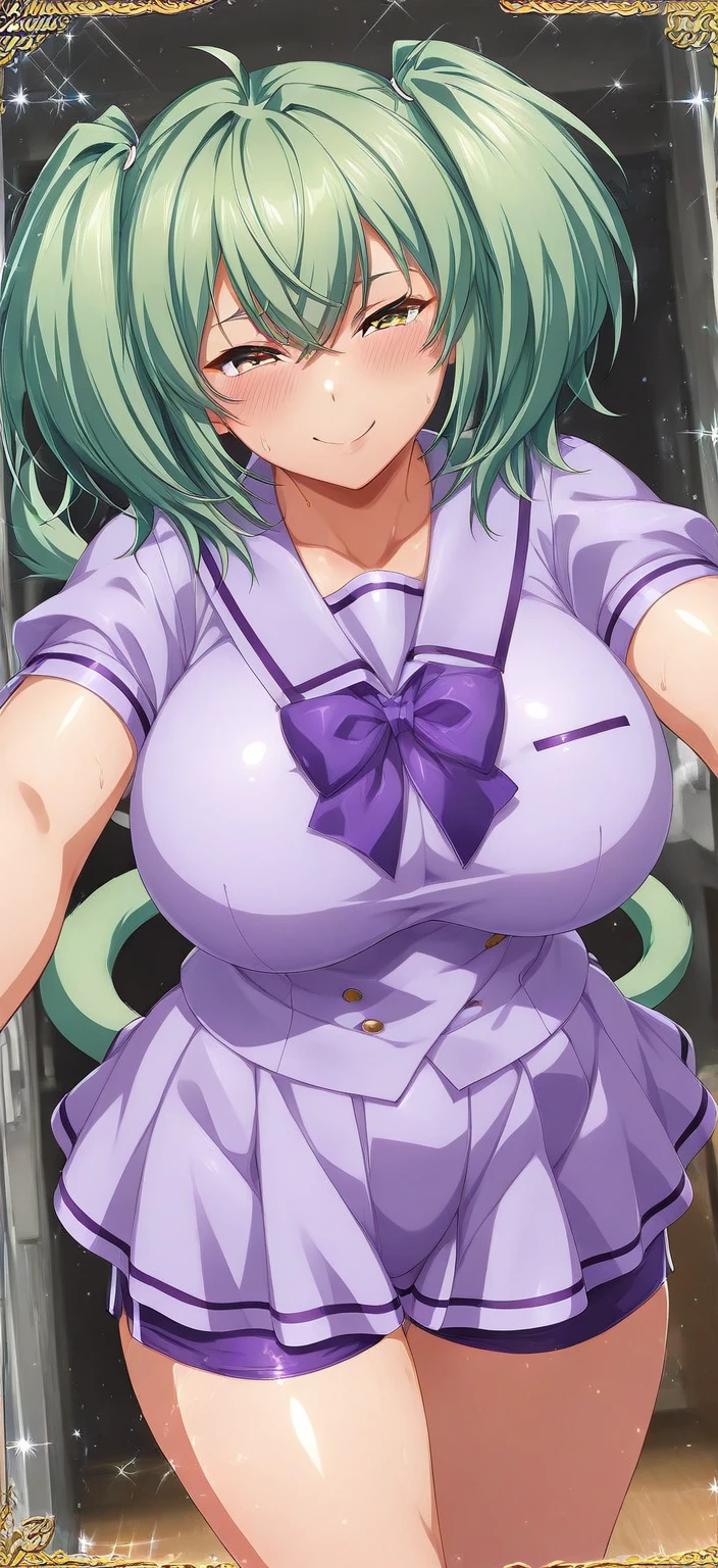 Woman, medium breasts, green panties, green bra, inside the classroom, purple hair, purple eyes