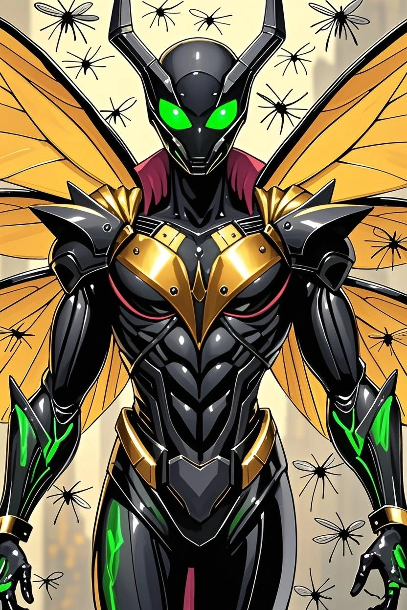 Masculine, humanoid alien, two sets of arms, sexy, skin tight clothes, color theme blacks and greens