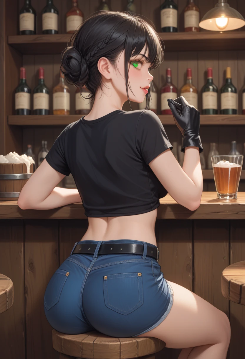 A girl whose face is stained with blood,Twin-tailed,large full breasts,big butts、Tank Tops,low rise jeans、posterior view,Looks Back,put out the tongue,torture room,murky,8K,High quality,Super Detail,super precision,Bloody,chain saw,