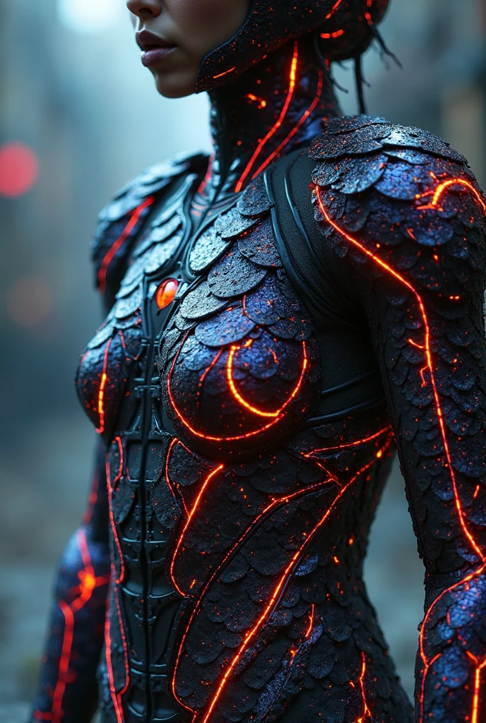 Female figure, cyberpunk, metallic blue and red swirly body, vest filigree, ignition soul flame from hair, biomechanics parts, cyberpunk world