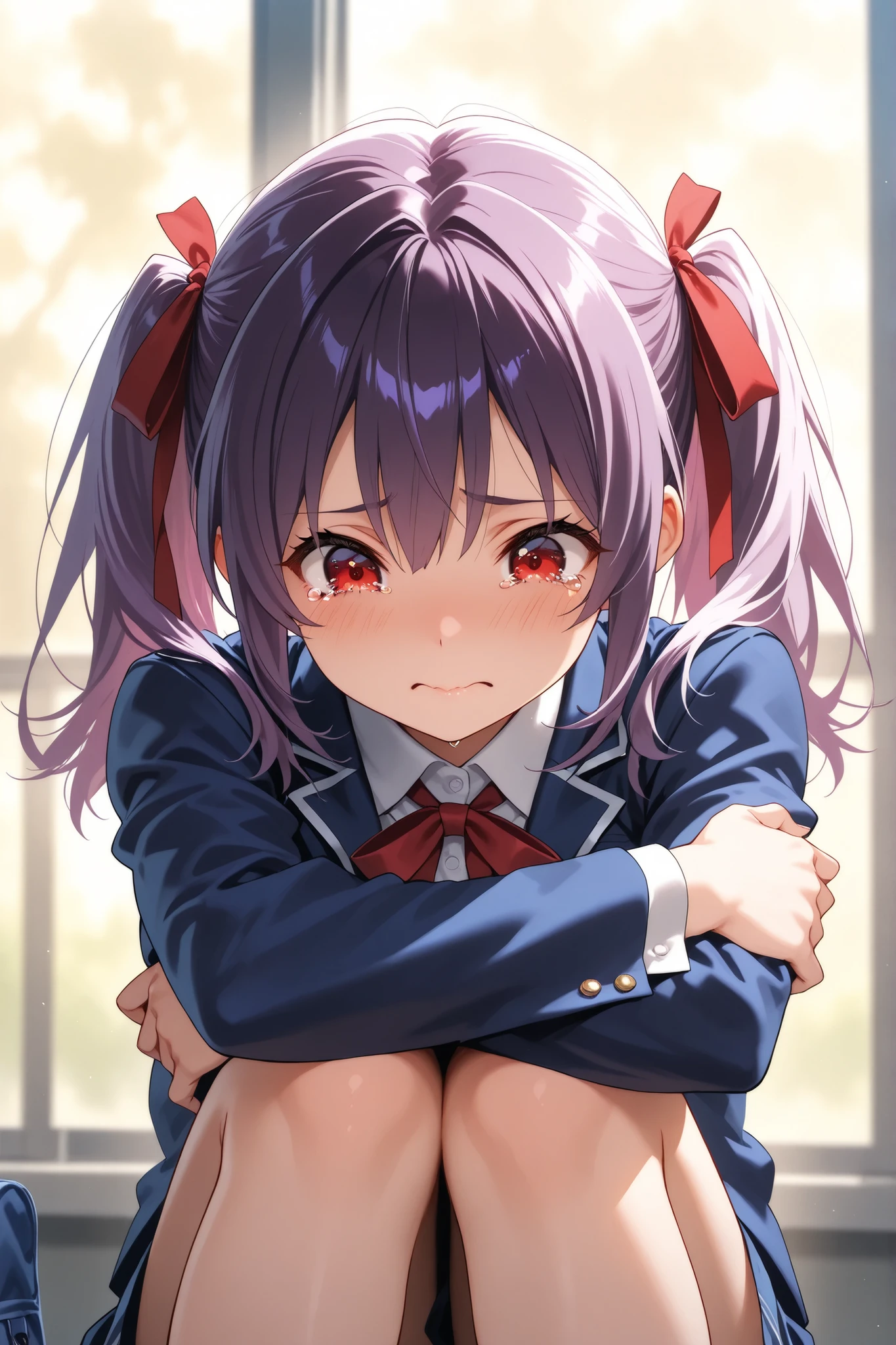 ultra-detailed,8K,illustration,CG,1 cute girl, purple hair,red eyes , twin tails,red ribbon,
,school uniform, jacket/blazer,hugging own legs,tears