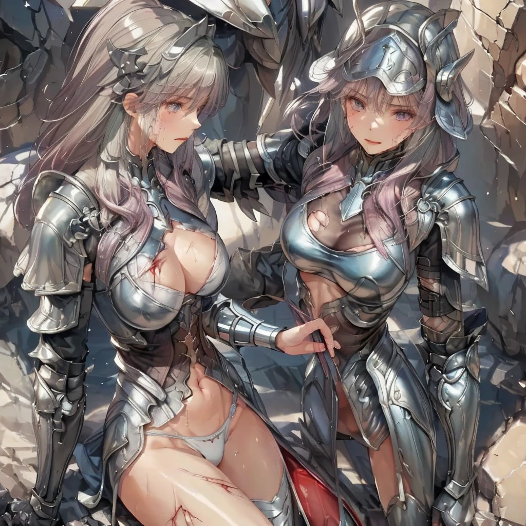 2 woman Muscular Muscle Abs Sweaty Knight Armor Plate Armor Thigh-high boots Cape sword slingshot bikini armpit hair sword smile Big Tits Big nipples