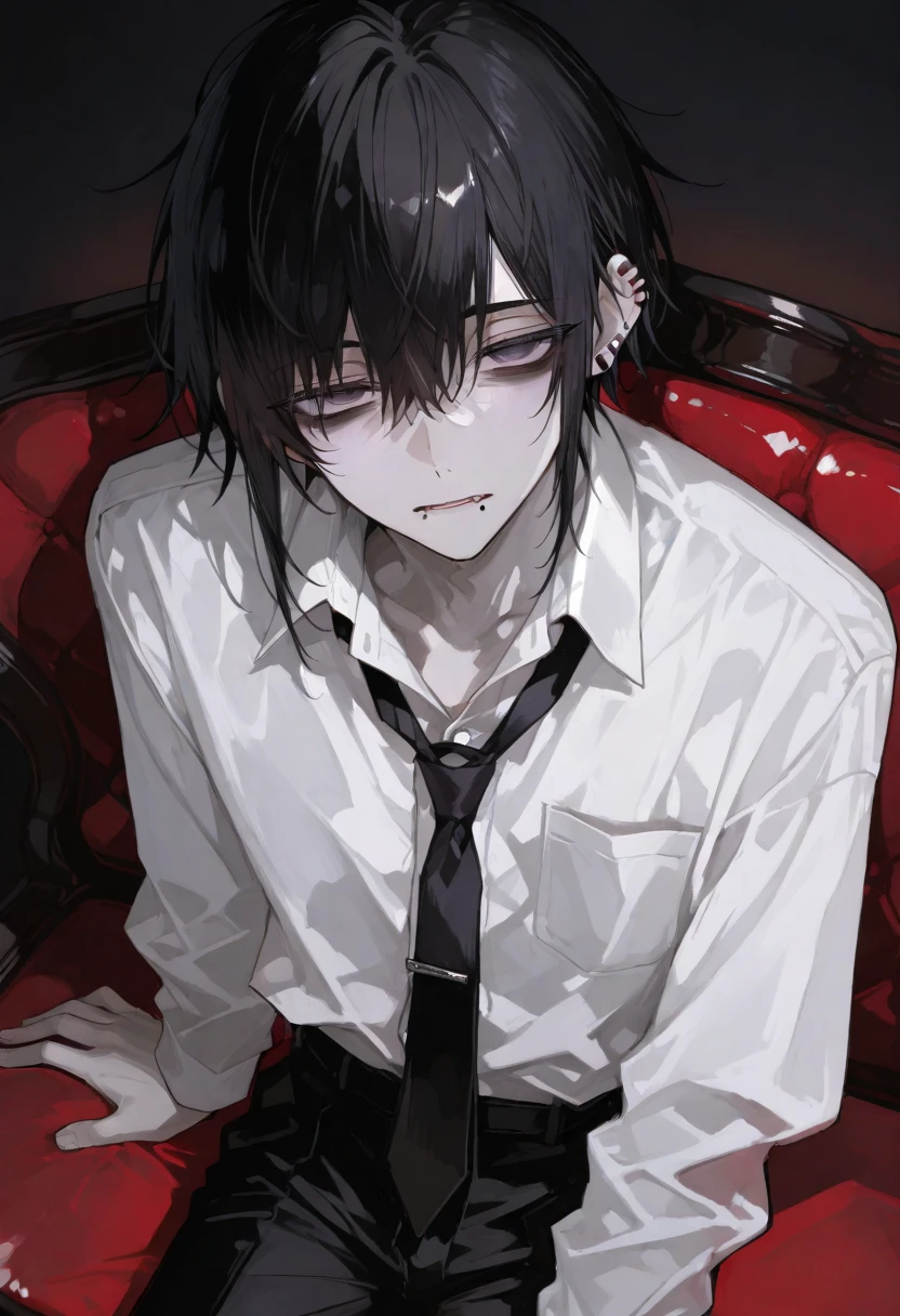 Anime boy, simple straight black hair, panic emotions, pale, black theme, dark, creepy, weird, white shirt, man, thin, dirty, looks scary, black, creepy smile, looks like an addict, blushing, handsome, grayscale, horny, saliva, drooling, nsfw, simple clothes, best hands drawing, best quality, best anatomy, best emotions drawing, one person.