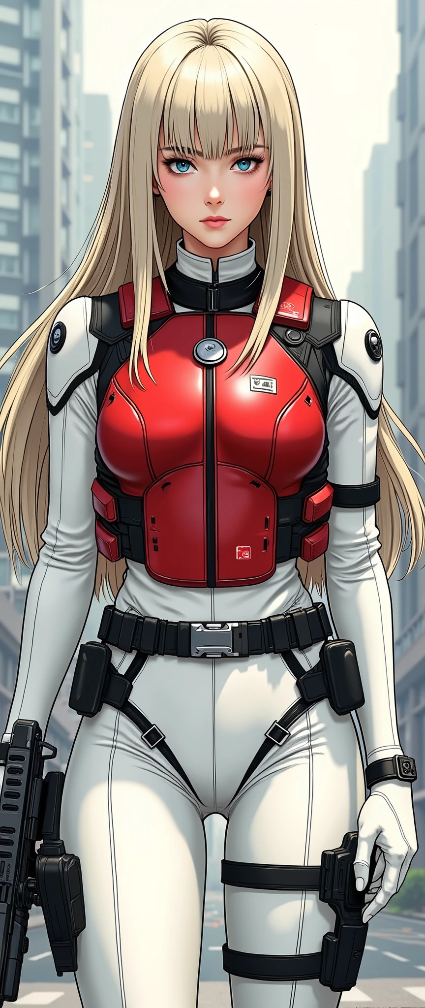 in high-definition images、(masterpiece、 exceptional quality 、Like a mirror、 cinematic experience 、very detailed、)、8k、wallpaper、(Best Illustrations:2.0)、(one woman:2.0)、(Motoko Kusanagi:2.0)、(a world view like Ghost in the Shell:2.0)、(white tactical bodysuit:2.0)、(heavy red bulletproof vest:2.0)、(white gloves:2.0)、(long hair per person)、(beautiful eyes)、(detailed face)、(detailed drawing of a woman's hand:2.0)、(blonde)、(How she shoots、a handgun facing us):2.0)(The background is Tokyo、where science and technology developed:2.0)、(a handgun with a laser pointer under the muzzle:2.0)、(please point the red laser pointer on the pistol:2.0) with her pussy hanging out the hole