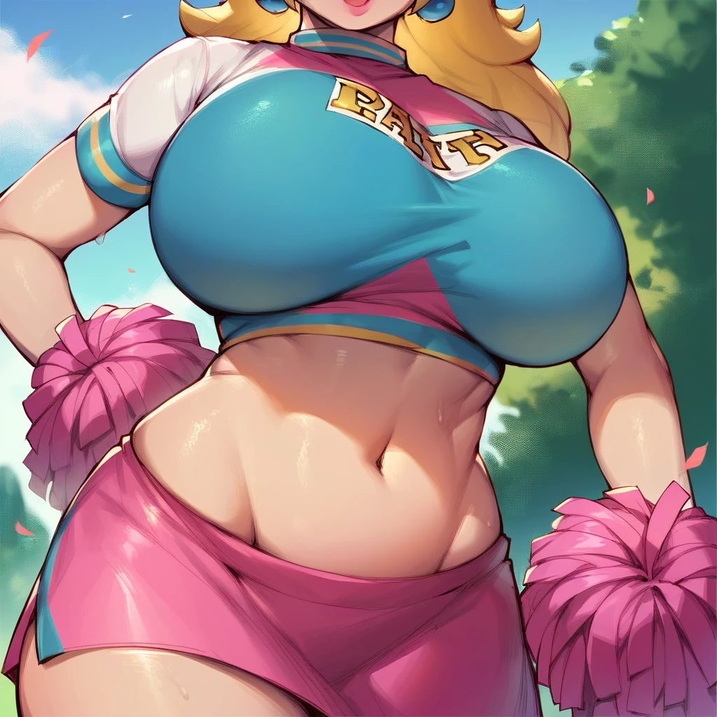 (Pokemon Rosa:1.2), beautiful,masterpiece, (smirk),((gigantic breasts)),smile,best quality, ((cheerleader:1.1)) dress, silky dress, slutty dress, outdoors,sunny,(1girl:1.3), wide hips, loose top, teen girl, hyper realistic, (facing towards camera), bending forward, Slutty , slutty expression