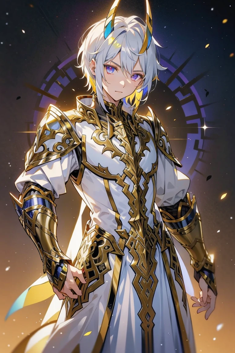 High quality,(Best quality, 4K, A high resolution, Masterpiece:1.2), Super detailed,(1 boy),(((solo))),juvenile,male,(Male juvenile), Handsome and cute boy, snow-white hair, no bang,golden dragon horn,White tights with gold pattern,bodysuit,short hair,Golden Eyes,single photo,the white temple of light,magnificent palace background,((Back view))