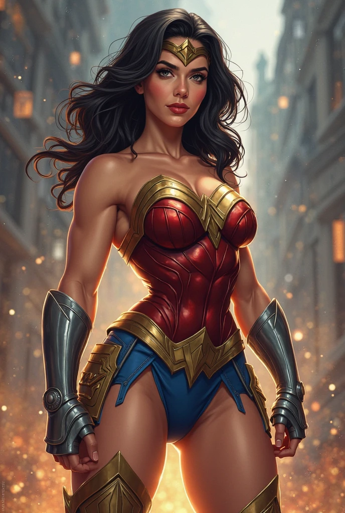 ((top quality)), (8k, RAW photo, best quality, masterpiece:1.2), (realistic, photo-realistic:1.4), Depth-Of-Field, (Victoria's Secret Model Wonder Woman), Wonder Woman, 1girl, single, solo, solo, full body, from side, facing the viewer, fighting stance, ((clenching fists)), ((empty hands, hold nothing)), serious, parted lips, (intricate details, makeup), (delicate and beautiful delicate face, delicate and beautiful delicate eyes, face with perfect proportions), (realistic moist skin: 0.5), (drenched body: 0.9), (wet skin), wet hair, high-detail skin, delicate skin, best proportions four fingers and one thumb, strong and realistic blue eyes, realistic black hair, lips, makeup, natural skin texture, tiara, leotard, bulletproof cuffs, red boots, (public clothing:1.3), slightly sunburned skin tone, mature, sexy, elastic muscles, (muscles:1.2), ((strong and healthy body)), ((((more) muscles))), long legs, curves, thick thighs, wide buttocks, thin legs, (big breasts: 1.2), thin waist, soft waist, (delicate skin), (beautiful and sexy woman), (swollen lips:0.9), (eyelashes:1.2), very delicate muscle definition, cityscape, night, rain, ((wet)), professional lighting, photon mapping, radiosity, physically-based rending, detailed background, (storm cloud:0.7), (stormy weather:0.5),