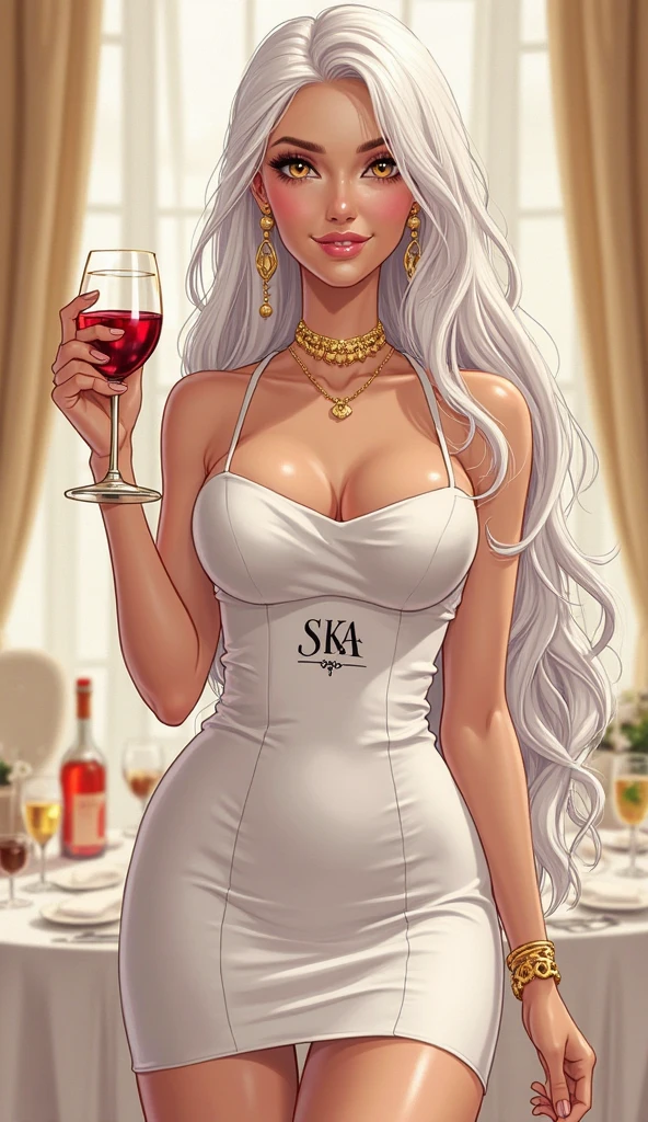 Anime manhwa realistic, beautiful woman, tanned skin, white eyebrows, round and full lips, long wavy white hair, golden eyes, long eyelashes, small waist, wide hips, big breasts, big thighs, dressed in a short and sexy white dress tight to her curves, with gold accessories, with a charming smile, standing with a glass of wine in hand