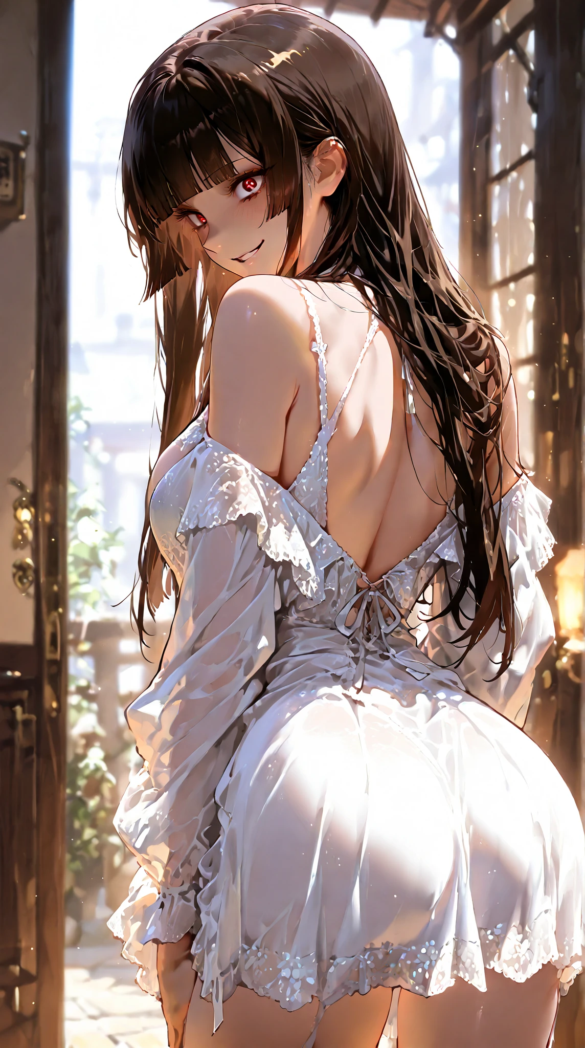 (from below:1.2),(from side:0.9), ((Face)), (Close-Up:0.4), (A masterpiece of image quality in 8K),(Beautiful Allafed Woman),(((emphasizing breasts:1.3))),(Dynamic angles),(Dynamic and sexy bending pose:1.3),(sit a chair:1.3),(Short hair in shiny silver and orange inner colors,large full breasts,Disturbance of clothing due to movement,breast slip,(Ponytail twisted buns adorned with elaborate braids and beads,Braided Setup Fishbone Hair:1.2),(see-through bangs),medium breasts,(((A brown lace apron that shows your bare skin from under your small breasts.......)))、Blush with embarrassment、Enraptured eyes、 open mouth,A smile that beguiles the viewer、(Look back:1.7)、Look into the photographer,skin glistening with sweat,gazing at viewer,,(Professional Lighting),(masutepiece,top-quality,Ultra-high resolution output image,),(Ultra HD with complex detail image modes),depth of fields,Beautiful hands,Beautiful fingers,Detailed finger features,(Detailed hair features:1.7),detailed facial features,detailed clothes features,

